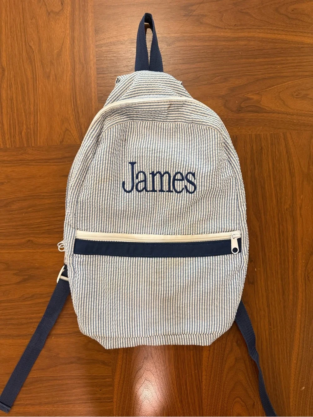 Personalized Navy Seersucker Backpack for kids - James